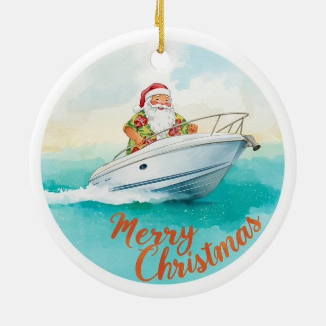 Yatch Merry Christmas Santa Sailing on a Yacht Julgransprydnad Keramik (Baksidan)
