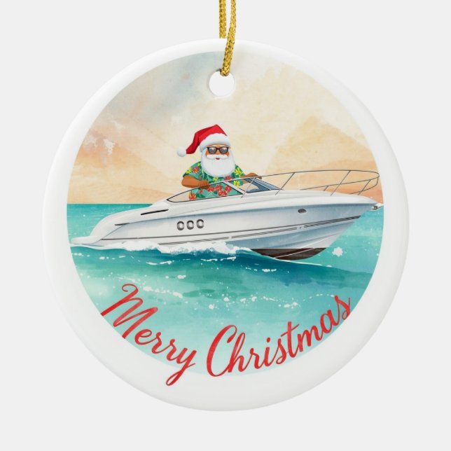 Yatch Merry Christmas Santa Sailing on a Yacht Julgransprydnad Keramik (Framsidan)