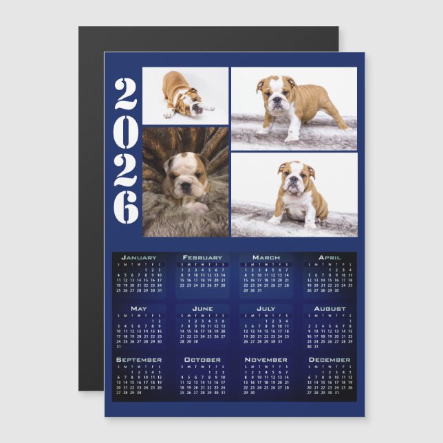 Year 2026 Calendar Dog Pet 4 Photo Collage Magnet (Fram/baksida)