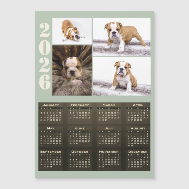 Year 2026 Calendar Dog Pet 4 Photo Collage Magnet (Framsida)