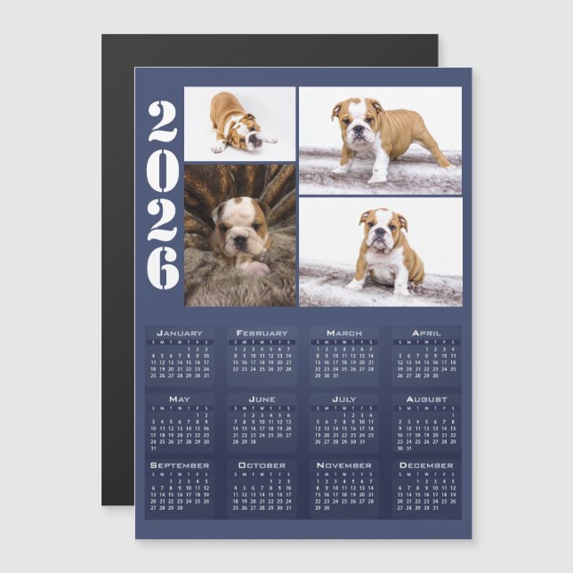 Year 2026 Calendar Dog Pet 4 Photo Collage Magnet (Fram/baksida)