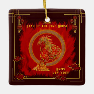 Year of the Fire Horse , Happy Lunar New Year Julgransprydnad Keramik