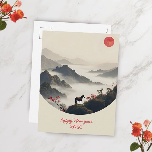 Year of the Horse 2026 Chinese New Year Mountain  Helg Vykort (Skapare uppladdad)