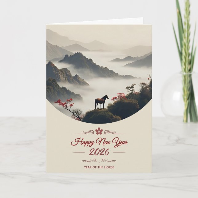 Year of the Horse 2026 Chinese New Year Mountain  Helgkort (Framsida)
