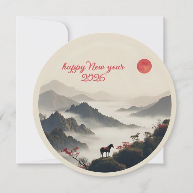 Year of the Horse 2026 Chinese New Year Mountain  Kort (Framsida)