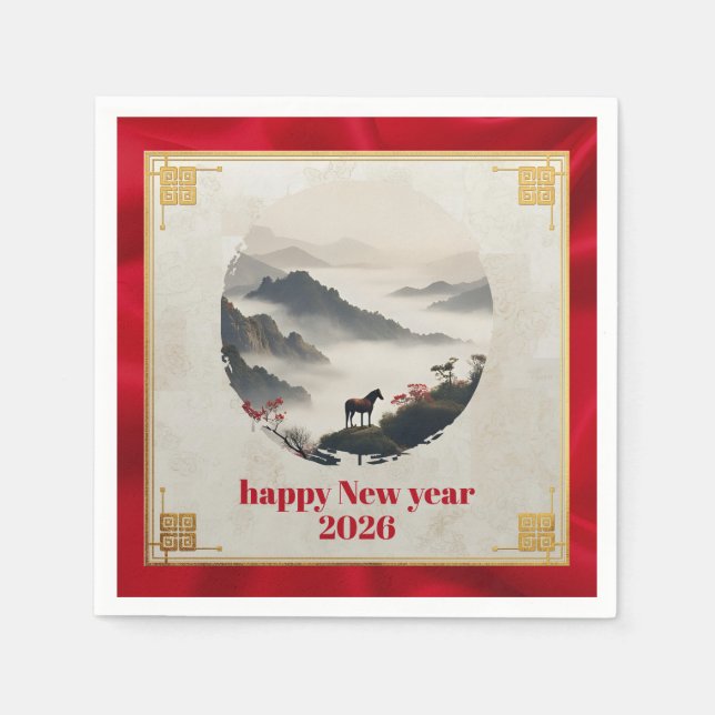 Year of the Horse 2026 Chinese New Year Mountain  Pappersservett (Framsidan)