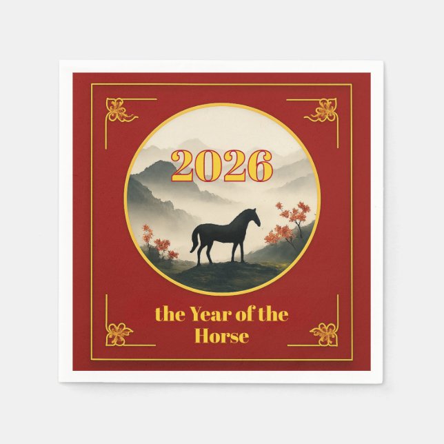 Year of the Horse 2026 Chinese New Year Mountain  Pappersservett (Framsidan)