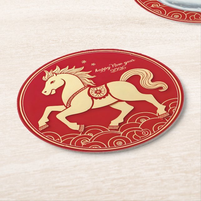 Year of the Horse 2026 Chinese New Year  Underlägg Papper Rund (Vinklad)