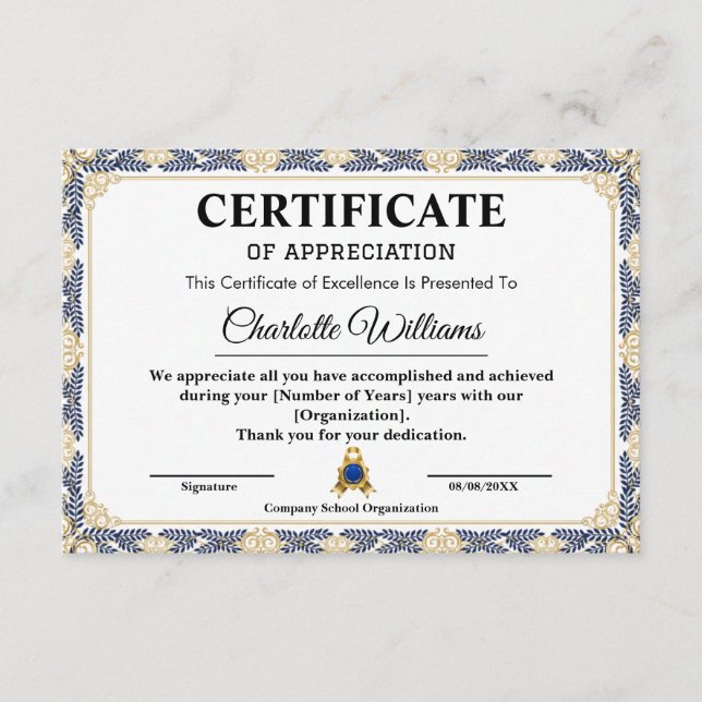 Years of Service Appreciation Gold Certificate  Tilläggskort (Framsida)