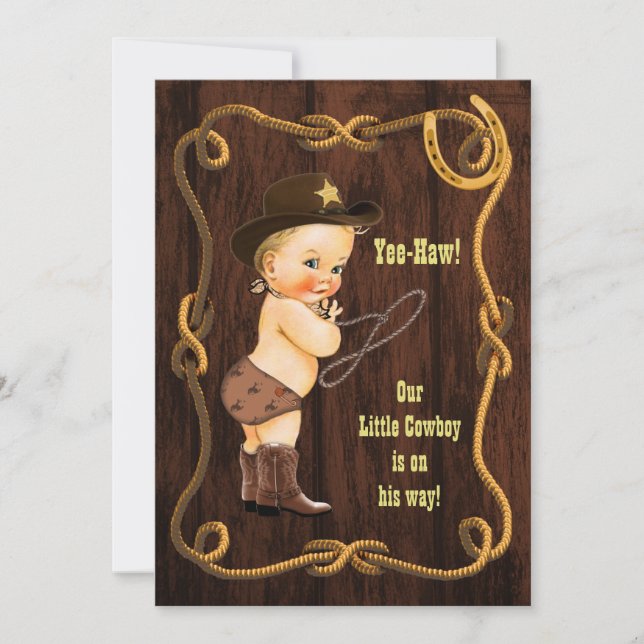 Yee-Haw! Blonde Cowboy Rustic Baby Shower Inbjudningar (Framsida)
