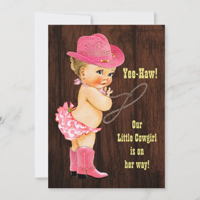 Yee-Haw! Blonde Cowgirl Rustic Baby Shower Inbjudningar (Framsida)