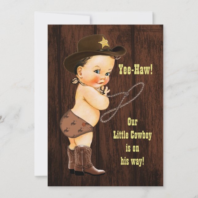 Yee-Haw! Brunette Cowboy Rustic Baby Shower Inbjudningar (Framsida)