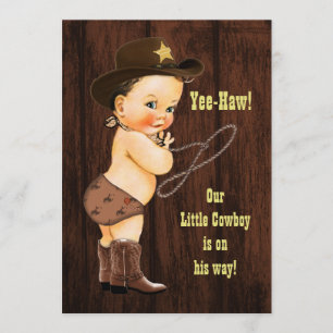 Yee-Haw! Brunette Cowboy Rustic Baby Shower Inbjudningar