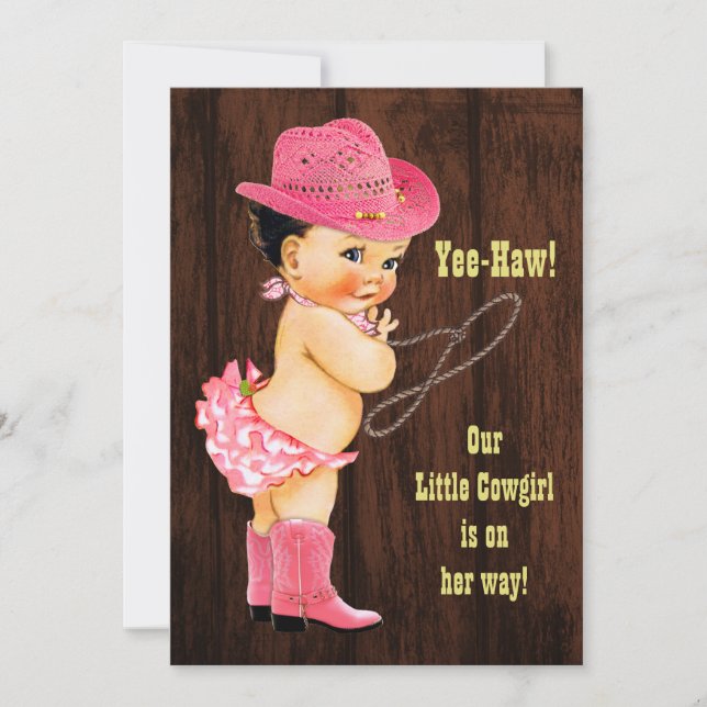 Yee-Haw! Brunette Cowgirl Rustic Baby Shower Inbjudningar (Framsida)