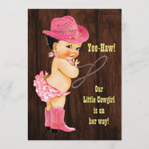 Yee-Haw! Brunette Cowgirl Rustic Baby Shower Inbjudningar
