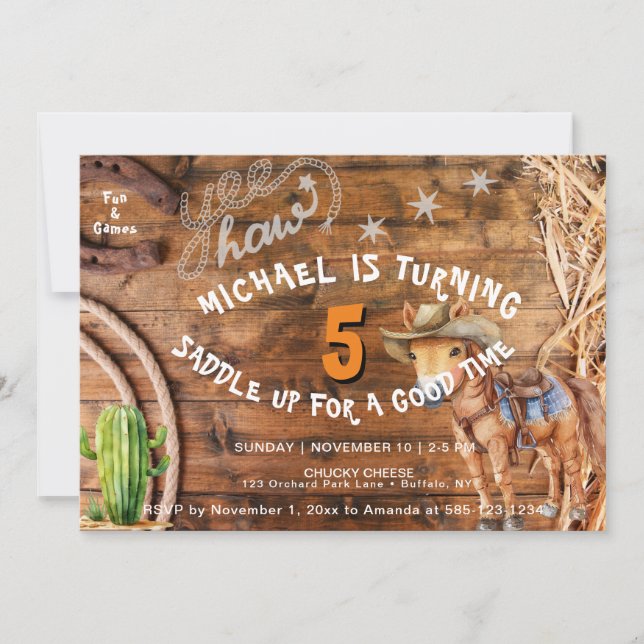 Yee Haw Cowboy Rodeo Saddle upp på födelsedagsinbj Inbjudningar (Framsida)
