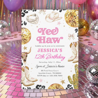 Yee Haw Disco Cowgirl Rodeo Pink Birthday Party  Inbjudningar