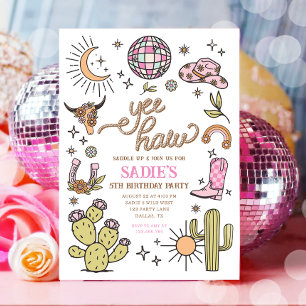 Yee Haw Girl Rodeo Retro Disco Cowgirl Birthday Inbjudningar