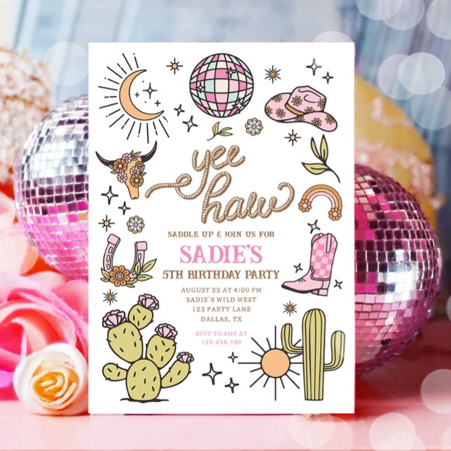 Yee Haw Girl Rodeo Retro Disco Cowgirl Birthday Inbjudningar (Skapare uppladdad)