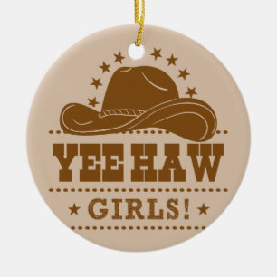 Yee Haw Girls Cowgirl Hat Design Julgransprydnad Keramik