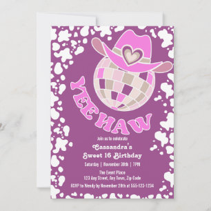 Yee Haw Lila Disco Cowgirl Rodeo Birthday Inbjudningar