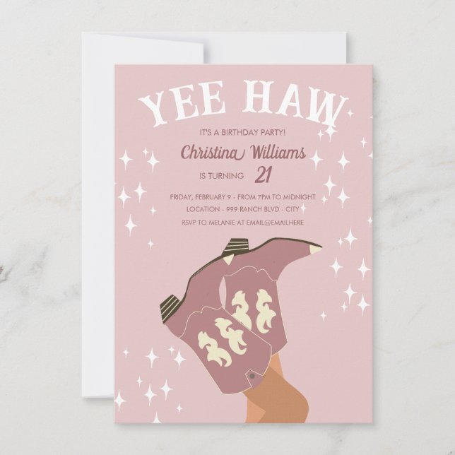 Yee Haw Modern  Rosa Western Cowboy Birthday Inbjudningar (Framsida)