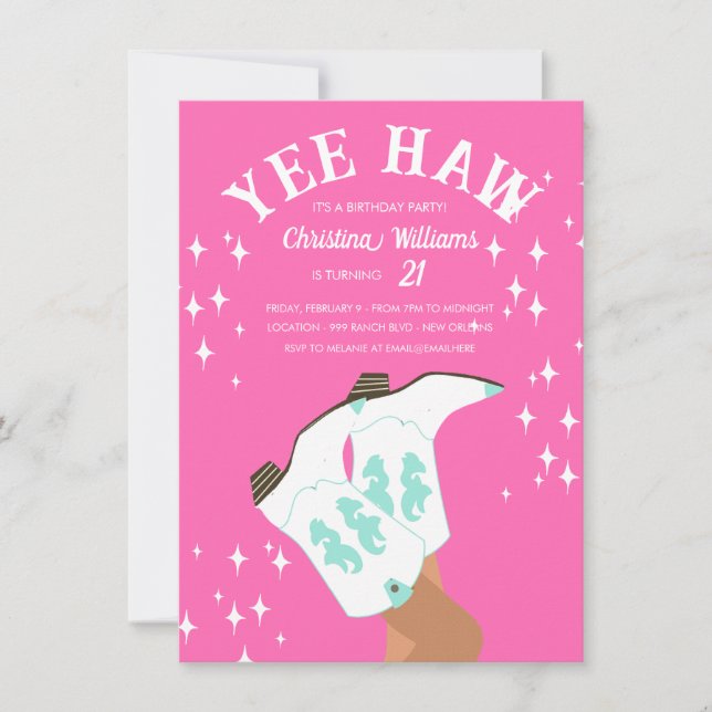 Yee Haw Modern Shock rosa Western Rodeo Birthday Inbjudningar (Framsida)