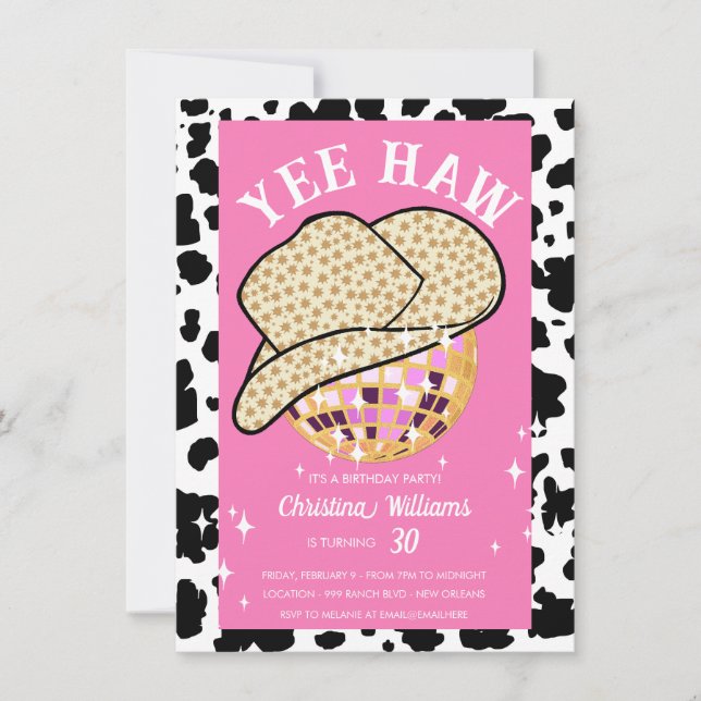 Yee Haw Rosa Cowgirl Disco Rodeo 30års födelsedag Inbjudningar (Framsida)