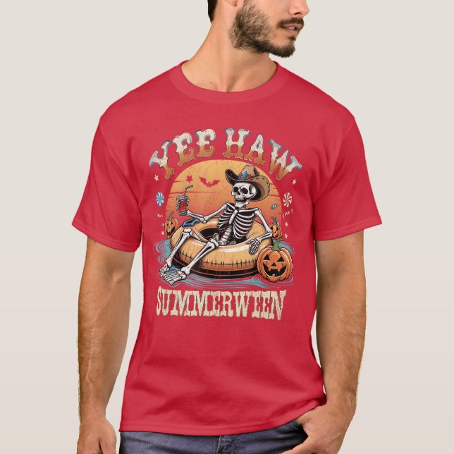 Yee Haw Summerween Cowboy Skelett Västerländsk Hal T Shirt (Framsida)