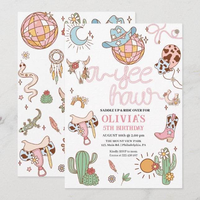 Yee hur Girl Birthday Disco Rodeo Party Spara Datumet (Fram/baksida)