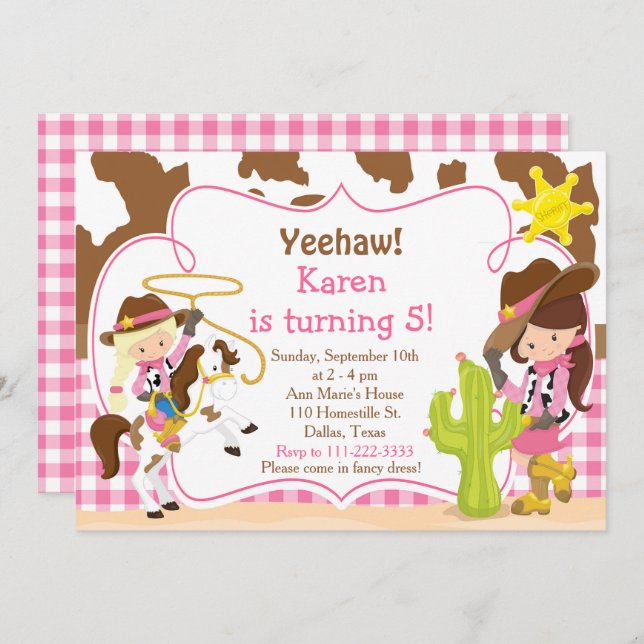 Yeehaw Cowgirl Western Födelsedagsfest Inbjudningar (Fram/baksida)
