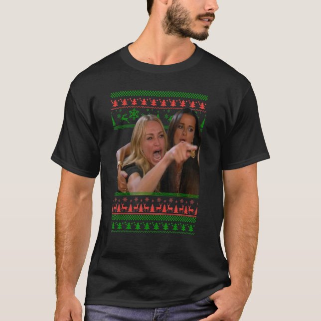 Yelling at a Cat Ugly Christmas Sweater Meme Outfi T Shirt (Framsida)