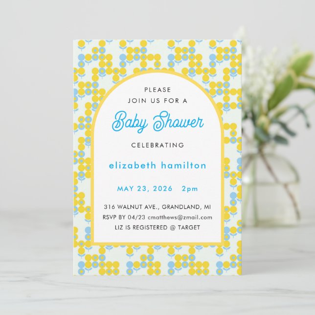 Yellow and Blue Dots Modern Baby Shower Invitation Inbjudningar (Stående Fram)