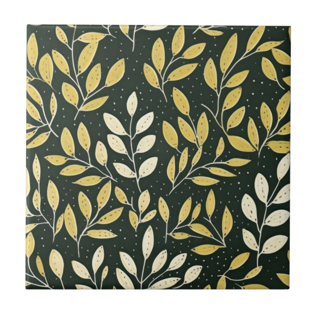 Yellow and Cream Leafy Branches Pattern  Kakelplatta (Framsidan)