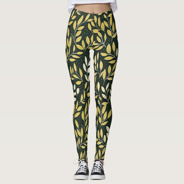 Yellow and Cream Leafy Branches Pattern  Leggings (Framsida)