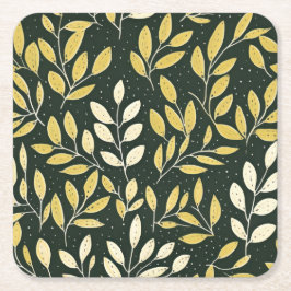 Yellow and Cream Leafy Branches Pattern  Underlägg Papper Kvadrat