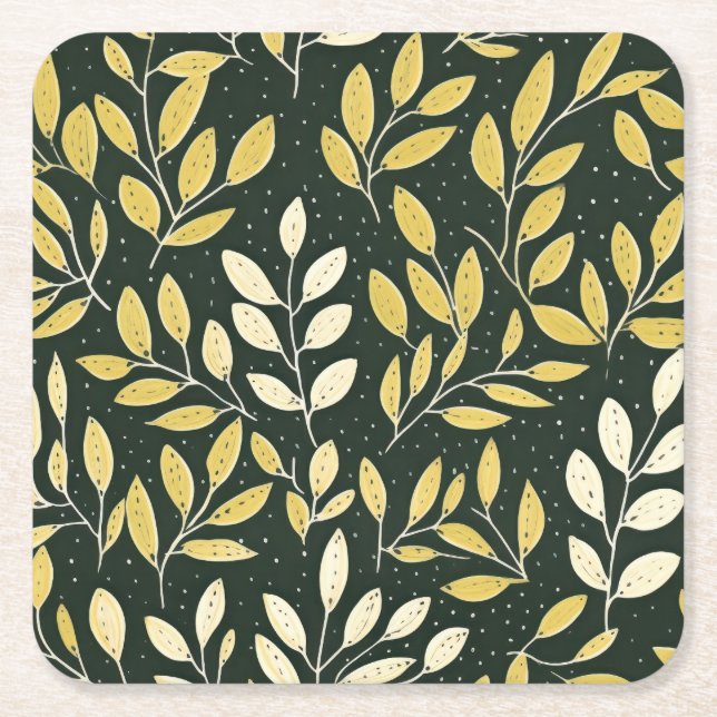 Yellow and Cream Leafy Branches Pattern  Underlägg Papper Kvadrat (Framsidan)