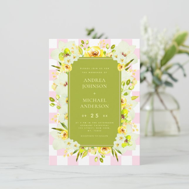 Yellow and Green Floral Checkered Wedding Invite Inbjudningar (Stående Fram)