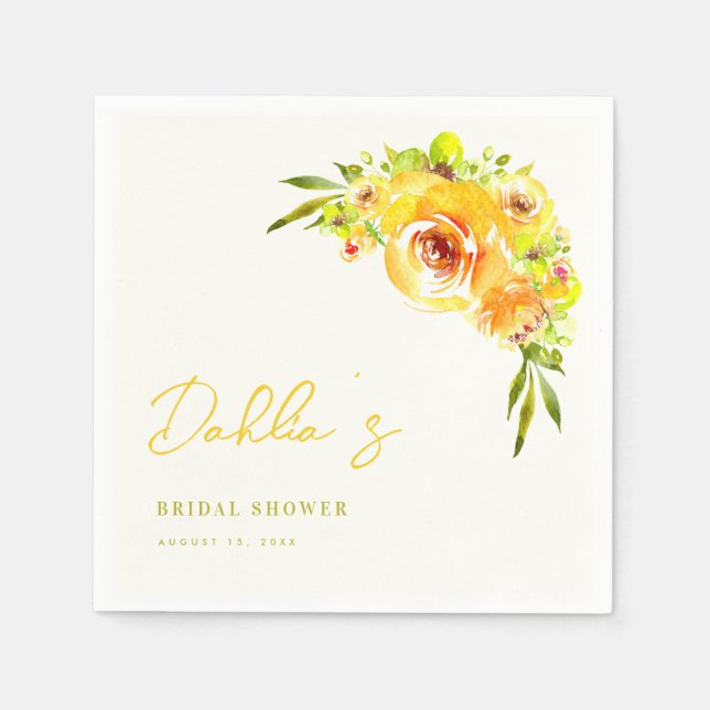 Yellow and Green Floral Handwritten Bridal Shower  Pappersservett (Framsidan)