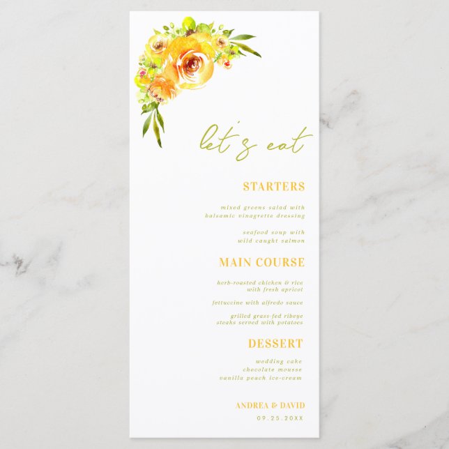 Yellow and Green Summer Floral Let's Eat Wedding Meny (Framsida)
