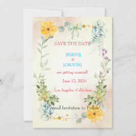 Yellow and Pink Floral Save the Date Card Spara Datumet