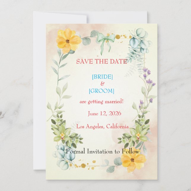 Yellow and Pink Floral Save the Date Card Spara Datumet (Framsida)