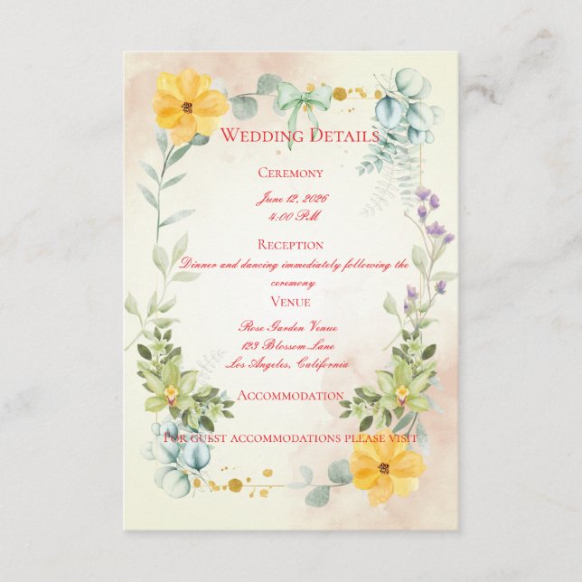 Yellow and Pink Floral Wedding Enclosure Card Tilläggskort (Framsida)