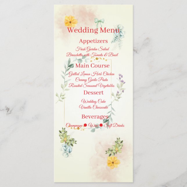 Yellow and Pink Floral Wedding Menu Card Meny (Framsida)
