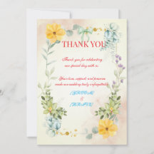 Yellow and Pink Floral Wedding Thank You Card