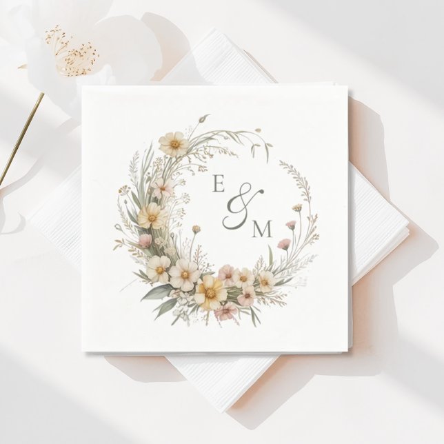 Yellow and Sage Floral Wreath Wedding Napkin Pappersservett (Skapare uppladdad)
