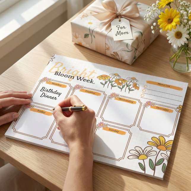 Yellow and White Playful Floral Weekly Planner  Anteckningsblock (Yellow and White Playful Floral Weekly Planner Notepad)