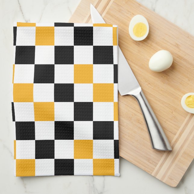 Yellow Black White Checkered Pattern Design  Kökshandduk (Vikt i Fjärdedel)