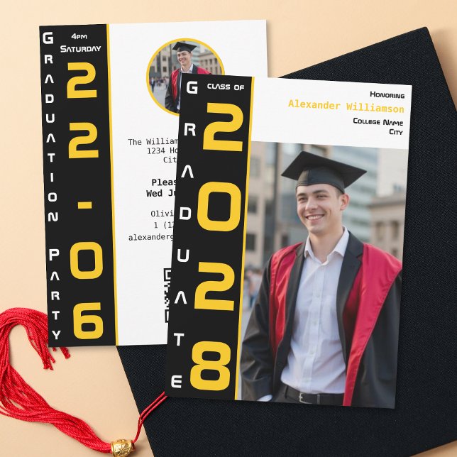 Yellow Black White Graduation Photo QR Code Party Inbjudningar (Skapare uppladdad)