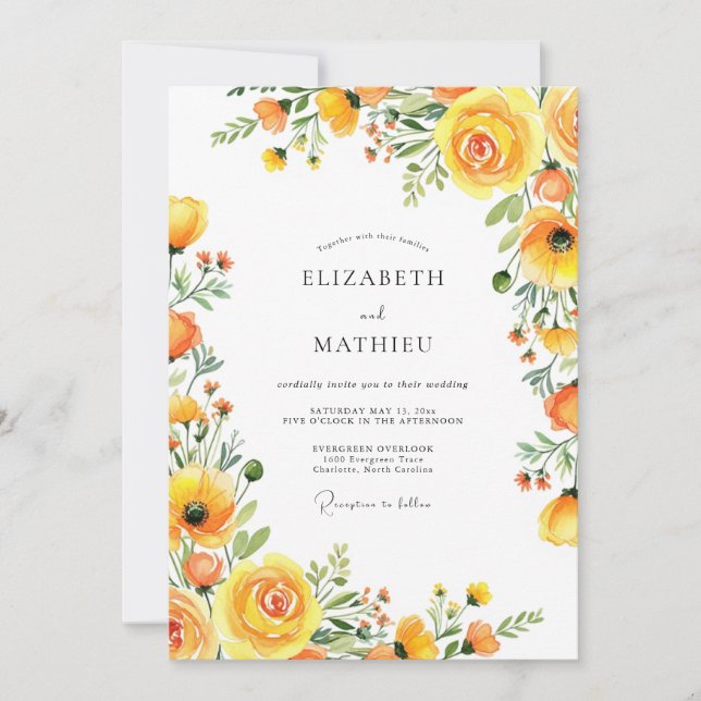 Yellow Bloom Romance Wedding Inbjudningar (Framsida)